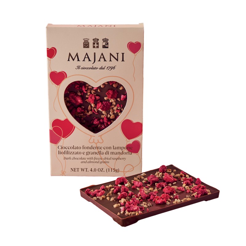Dark Chocolate with Dried Rasberries & Almonds Majani 115gr