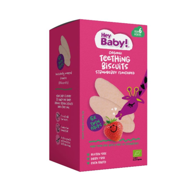 Organic Baby Rice Wafers for Teething with Strawberry +6 months Hey Baby 21gr