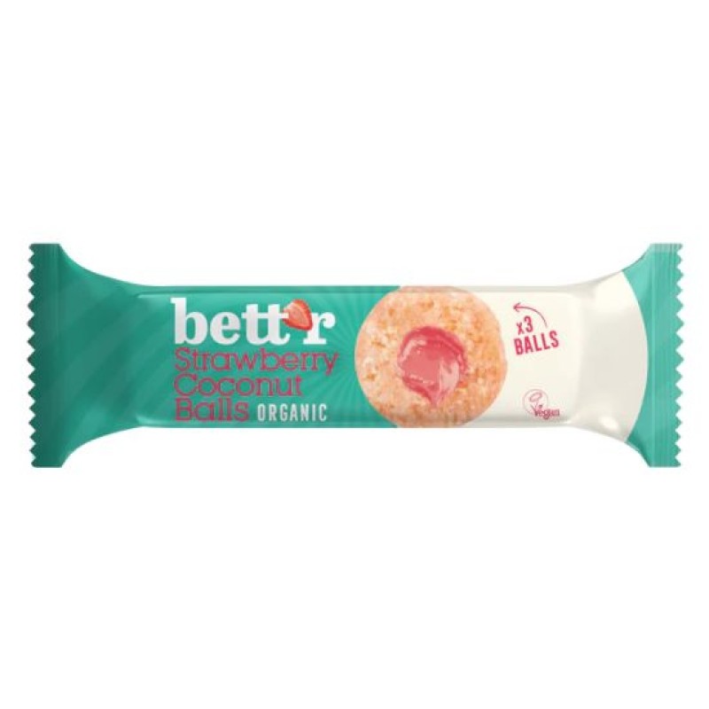 Organic Vegan Fruit Balls with Coconut and Strawberry Filling Sugar Free Bettr 45gr