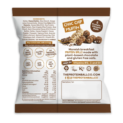 Vegan Protein Balls with Chocolate Chips Gluten and Sugar Free The Protein Ball Co 45gr
