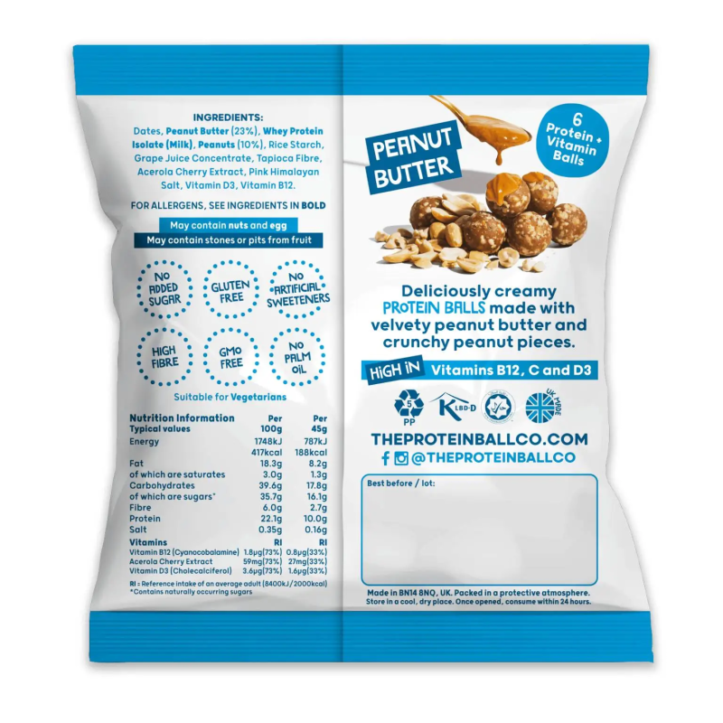 Vegan Protein Balls with Peanut Butter Gluten and Sugar Free The Protein Ball Co 45gr