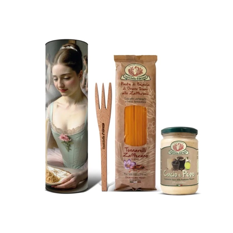 Pasta Gift Set in Degas Gift Wrapping (Tuna with Saffron, Cacio e Pepe Sauce, Wooden Fork) Rustichella d'Abruzzo