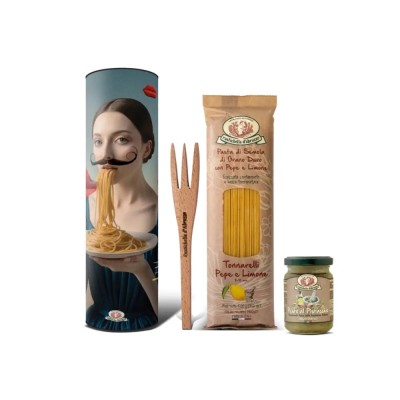 Pasta Gift Set in Dali Gift Wrapping (Tuna with Pepper & Lemon, Peanut Pesto, Wooden Fork) Rustichella d'Abruzzo
