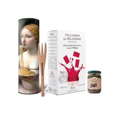 Pasta Gift Set in Leonardo Gift Wrapping (Pacerini, Tomato Sauce with Basil, Wooden Fork) Rustichella d'Abruzzo