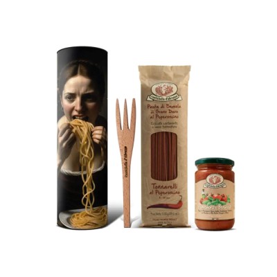 Pasta Gift Set in Caravaggio Gift Wrapping (Tuna with Chili, Tomato Sauce with Basil, Wooden Fork) Rustichella d'Abruzzo
