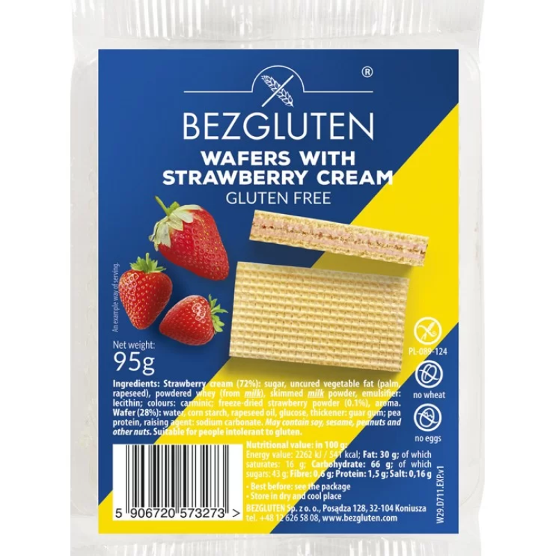 Gluten Free Strawberry Stuffed Wafers Bezgluten 95gr