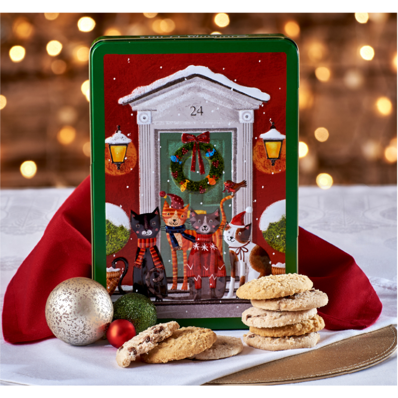 Butter Cookies in Two Flavors (Ginger-Lemon and Chocolate Chip) in a Metal Box Snowy Cats on Doorstep Grandma Wild's 300gr