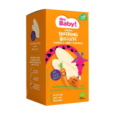 Bιολογικές Βρεφικές Ρυζογκοφρέτες Οδοντοφυίας με Κολοκύθα και Καρότο +6 μηνών Hey Baby 21gr