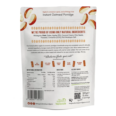 Στιγμιαίο Porridge Βρώμης με Μήλο & Κανέλα Χωρίς Ζάχαρη The Great British Porridge Co 385gr