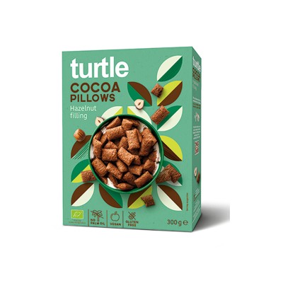 Βιολογικά Τραγανά Δημητριακά Μαξιλαράκια Κακάο με Γέμιση από Φουντούκι Turtle 300gr  Βιολογικά Τραγανά Δημητριακά Μαξιλαράκια Κακάο με Γέμιση από Φουντούκι Turtle 300gr