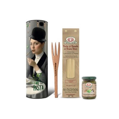 Σετ Δώρου Ζυμαρικών σε Συσκευασία Δώρου Magritte (Λιγκουίνι, Πέστο Βασιλικού, Ξύλινη Πιρούνα) Rustichella d'Abruzzo