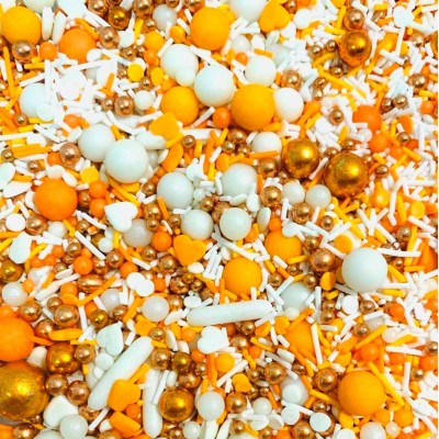 Sprinkles Mix Amber Kαρδιές και Πέρλες Λευκό Πορτοκαλί Χρυσό 90gr SugarCraft