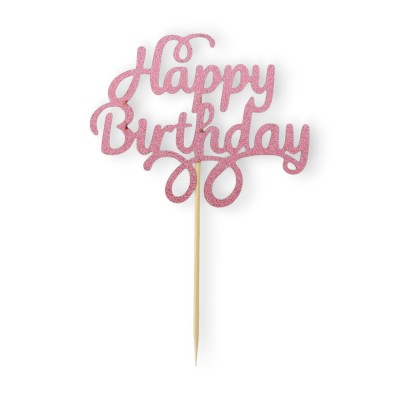 Cake Topper Χάρτινο glitter Ροζ Happy Birthday 