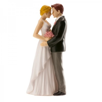 Γαμήλια Κορυφή Νυφικό Ζευγάρι Αγκαλιά & Ροζ Μπουκέτο 16cm