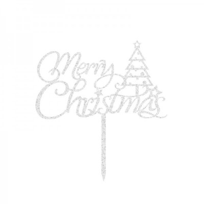 Πικ Διακοσμητικό Τούρτας Επιγραφή Δέντρο "Merry Christmas" Ασημί 15x16εκ.