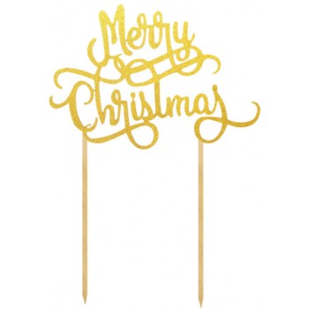 Πικ Επιγραφή "Merry Christmas" Χρυσή Χάρτινη 15x16εκ.