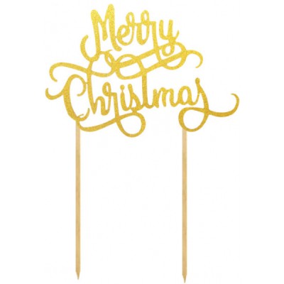 Πικ Διακοσμητικό Τούρτας Επιγραφή "Merry Christmas" Χρυσή Χάρτινη 15x16εκ.
