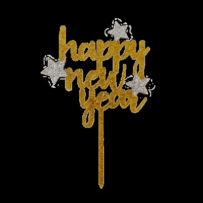 Πικ Διακοσμητικό Τούρτας Επιγραφή "Happy New Year" Χρυσή με Glitter 15x16εκ.