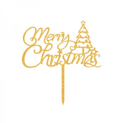 Πικ Επιγραφή Δέντρο "Merry Christmas" Χρυσή 15x16εκ.
