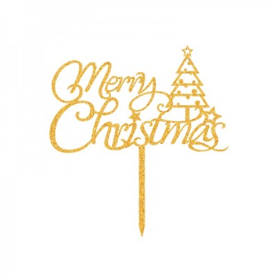 Πικ Διακοσμητικό Τούρτας Επιγραφή Δέντρο "Merry Christmas" Χρυσή 15x16εκ.