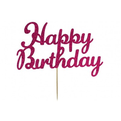  Cake Topper Επιγραφή "Happy Birthday" Φούξια 15cm x 8cm