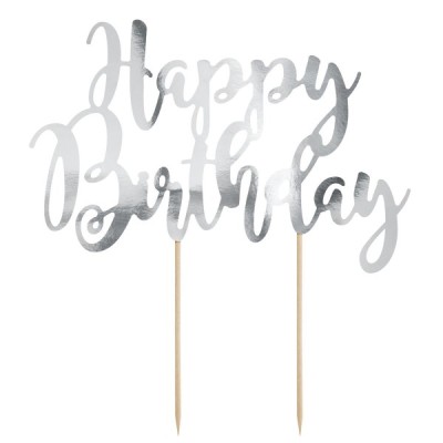 Cake Topper Επιγραφή "Happy Birthday" Ασημί 20x12cm