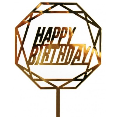 Cake Topper Πικ Επιγραφή Ακρυλική Happy Birthday Χρυσή Γεωμετρική (οκτάγωνα) 106x153mm