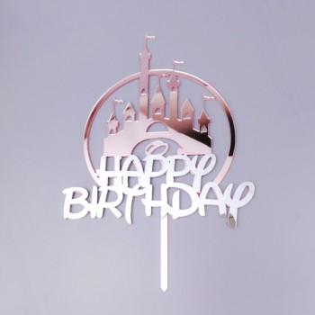 Πικ Διακοσμητικό Τούρτας Επιγραφή Disney "Happy Birthday" Στρογγυλή Ροζ-Ασημί 105x180mm
