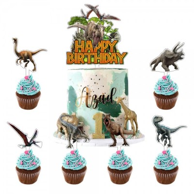 Διακοσμητικά Πικ Τούρτας και Cupcake Σετ Jurassic Park πλαστικά x7 - 50x80mm & 110x130mm