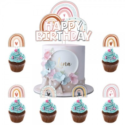 Διακοσμητικά Πικ Τούρτας και Cupcake Σετ Ουράνιο Τόξο πλαστικά x7 - 50x80mm & 110x130mm