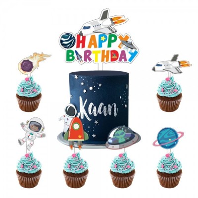 Διακοσμητικά Πικ Τούρτας και Cupcake Σετ Διάστημα πλαστικά x7 - 50x80mm & 110x130mm