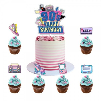 Διακοσμητικά Πικ Τούρτας και Cupcake Σετ 90s πλαστικά x7 - 50x80mm & 110x130mm