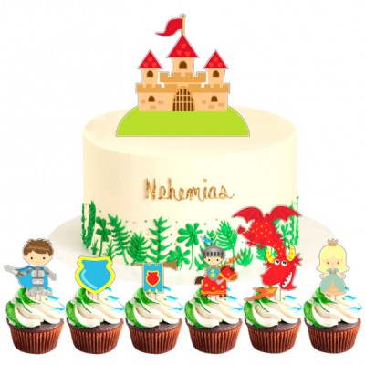 Διακοσμητικά Πικ Τούρτας και Cupcake Σετ Κάστρο Ιπποτών πλαστικά x7 - 50x80mm & 110x130mm