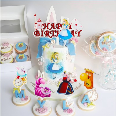 Διακοσμητικά Πικ Τούρτας και Cupcake Σετ Αλίκη στη Χώρα των Θαυμάτων πλαστικά x7 - 50x80mm & 110x130mm